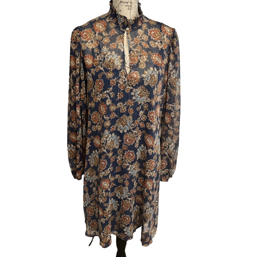 Harper Rose Floral Trapeze Dress Size 10 Mock Neck Button Back Balloon Sleeves